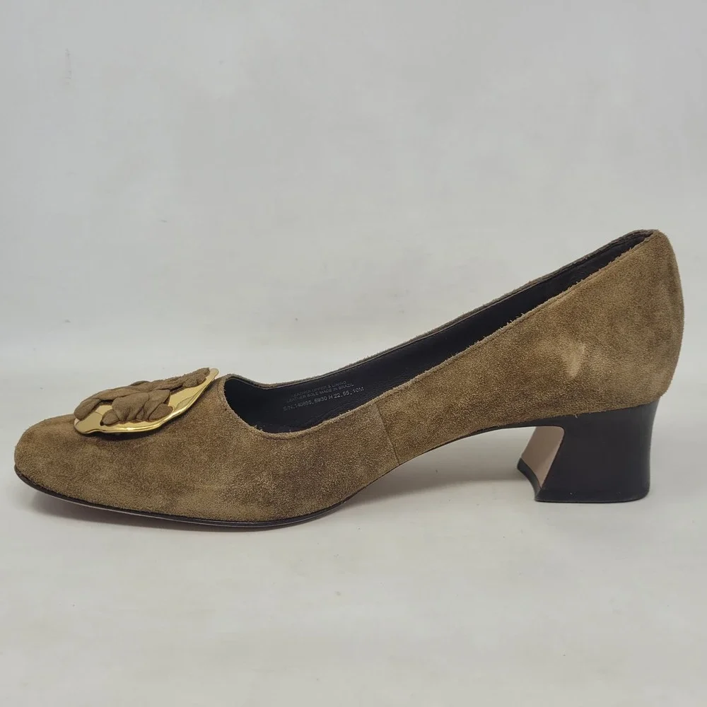 Tory Burch Heels 10M Brown Green Suede Medallion Pumps Block Heel Office Work